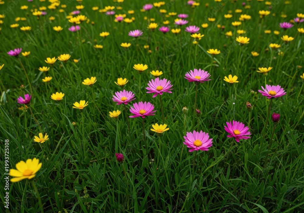 Fototapeta premium Vibrant pink and yellow wildflowers cover a lush green meadow, signifying the arrival of springtime and abundant natural beauty, flora, beauty, meadow