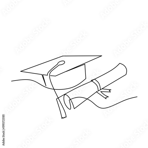 One continuous line of graduation caps. Simple line style of black mortar board hat line art vector illustration.