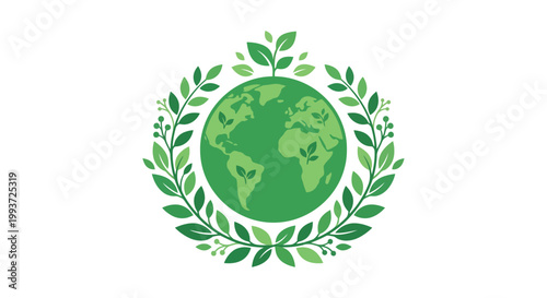 Green emblem with earth and laurel wreath symbol of environmental stewardship