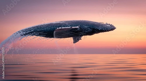 Majestic ocean creature leaping in a perfect arc above calm water, glowing with soft iridescent tones, sharp details highlighting power, grace, and cinematic natural beauty.