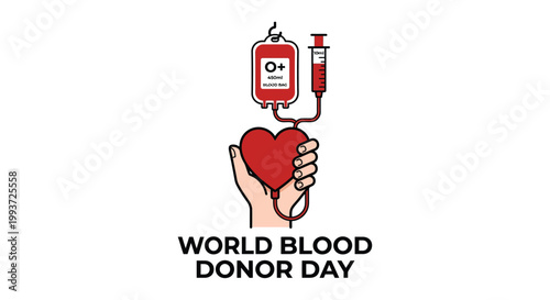 World blood donor day illustration blood bag syringe and heart in hand