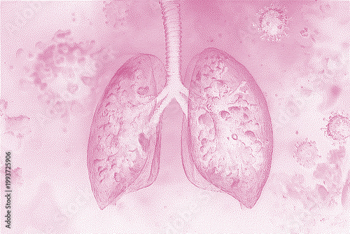 Diseased Lungs with Viral Particles in Abstract Pink Tones