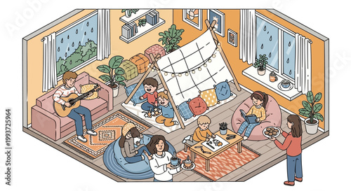 Isometric illustration of a cozy indoor family and friends gathering on a rainy day, enjoying music, a blanket fort, and snacks