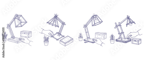 Step-by-step assembly of modern wooden desk lamp with hand actions for connection.