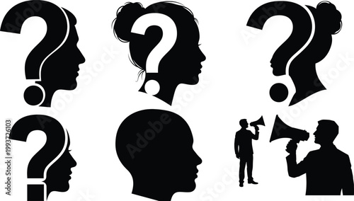 Question mark silhouette set with human head profiles, black and white conceptual vector icons, psychological identity and communication symbols