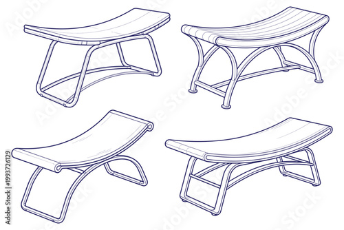 Modern curved benches with sleek metal frames and slatted seats, set of four, for contemporary outdoor or indoor spaces.