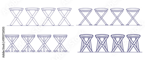 Folding stool wooden furniture sketches in four styles showing various cross leg designs for portable seating solutions.