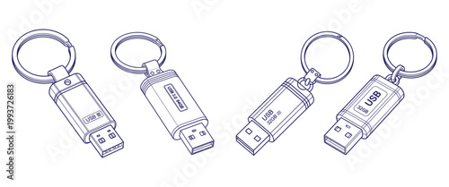 Digital storage usb flash drive keychain collection showing different memory capacities and hardware designs in vector.