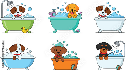 Cute Puppies in Bathtubs with Bubbles, Dog Bath Time Illustrations, Cartoon Animal Style