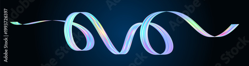 Vivid iridescent ribbon abstract flowing and twisting gracefully through a dark void creating a dynamic and futuristic design with vibrant multicolored hues of blue pink yellow and green