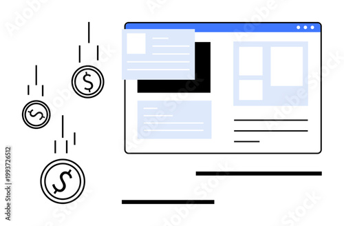 Digital marketing, ecommerce, online revenue, web design, monetization, advertising. Stylized coins falling alongside a website layout. Digital marketing and ecommerce relevance in online revenue ion