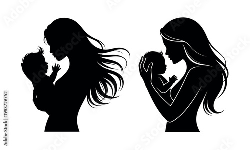 Mother and baby silhouette vector set, elegant woman holding newborn infant, maternal love and parenting concept icons for motherhood branding