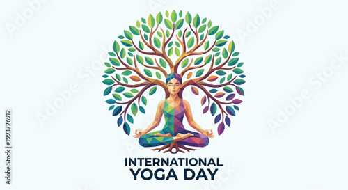 Colorful tree of life with yoga silhouette for international yoga day