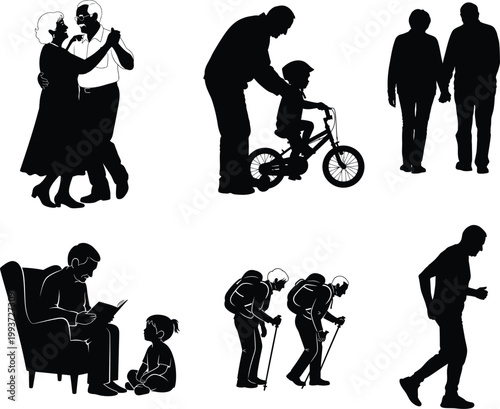 Silhouette illustrations of people in various daily life activities