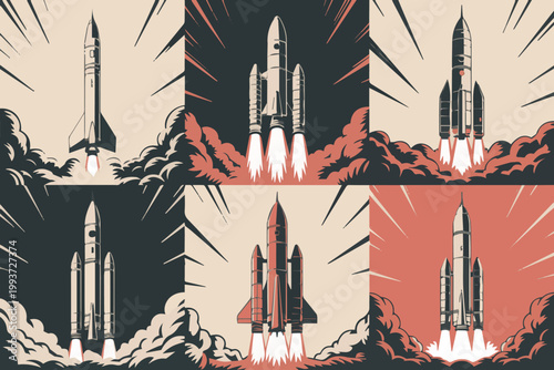 A collage of six different rockets launching into the sky with smoke and fire coming out of them isolated on transparent background, Vector