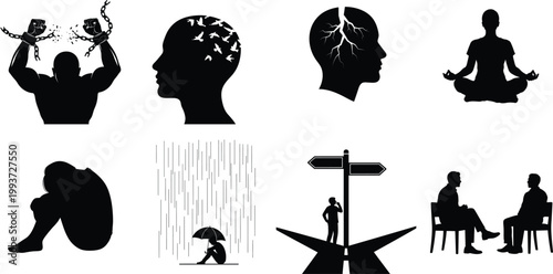 Silhouette icons representing mental health and wellness concepts
