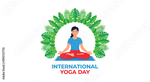 International yoga day illustration woman meditating in lotus position surrounded by tropical leaves