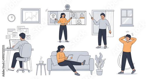 AutoCAD Remote Work Duo Vector – Woman Tablet Man Desktop Multiview Digital Lifestyle Colored Outline No Background