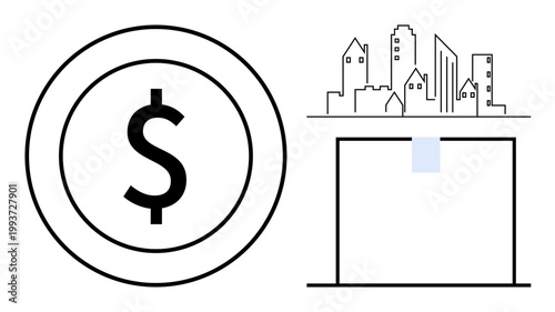 Real estate, urban planning, financial growth, sustainable investments, economic development, wealth distribution. Dollar sign, city skyline rectangle. Real estate and urban planning concept
