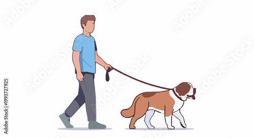 Man walking St Bernard dog flat vector illustration pet owner outdoor lifestyle isolated on white background