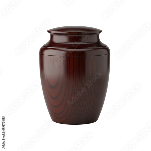 Elegant wooden dark brown cremation urn for ashes, isolated on transparent background. Funeral home and cremation services, memories and paying respect. Crematoriums and columbarium niches