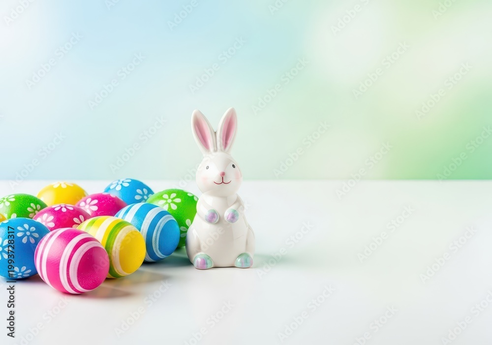 Fototapeta premium A festive scene showing colorful dyed Easter eggs next to a cute decorative rabbit figure, ready for a spring holiday celebration, horizontal, season, hunt