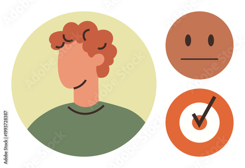 Identity, emotions, validation, profile creation, facial recognition, approval process. Abstract person with curly hair next to icons of a neutral face and checkmark symbol. Identity and emotions