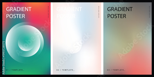 Three distinct abstract gradient posters featuring soft rounded luminous circles and text templates for design series applications