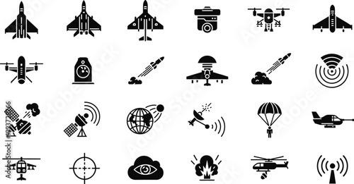 Military aircraft and weaponry icons set in black and white