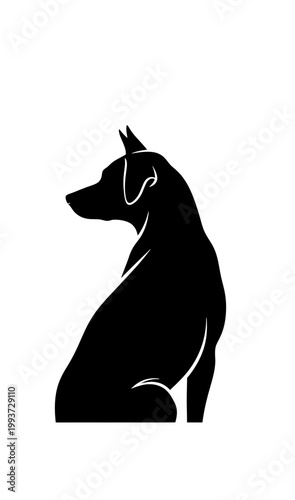 Minimalist black silhouette of a sitting dog looking to the side Isolated on transparent background