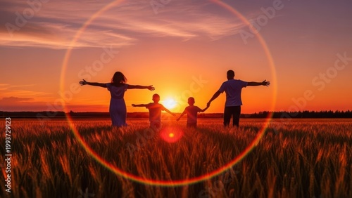 Family silhouettes embrace sunset warmth field horizon