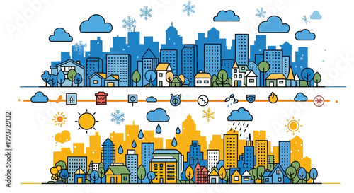 Wallpaper Mural The cityscape displays contrasting seasonal weather patterns with snow clouds above and sunny rain showers below on this detailed urban art. Torontodigital.ca