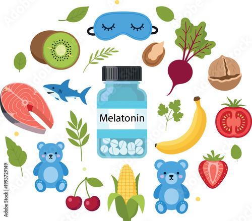 Healthy natural melatonin food sources and sleep supplement bottle circular flat vector illustration 