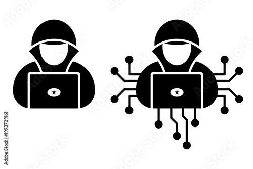 Hacker Icon Set with Laptop and Circuit for Cyber Security Concept