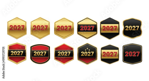 Emblems shaped like hexagons and shields display the year twenty twenty-seven in gold and black metallic finishes for prestigious awards.