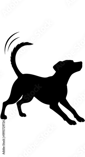 Silhouette of a happy playful dog with wagging tail Isolated on transparent background