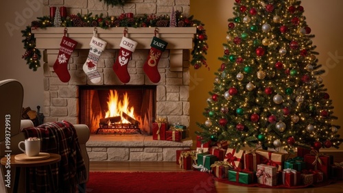 Cozy christmas fireplace scene with decorated tree and gifts