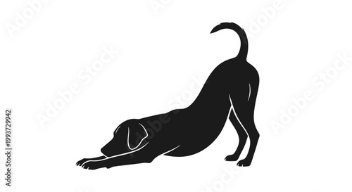 Black silhouette of a playful dog stretching Isolated on transparent background
