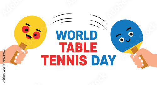 Wallpaper Mural Table tennis paddles with smiling faces are held by human hands to celebrate the annual sporting event dedicated to this popular activity. Torontodigital.ca