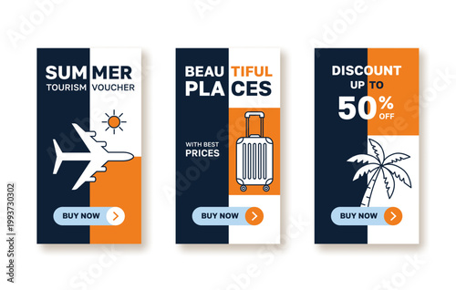 Summer tourism voucher set with flat travel icons and discount offer. Creative vertical banners for travel agency marketing and holiday sales.