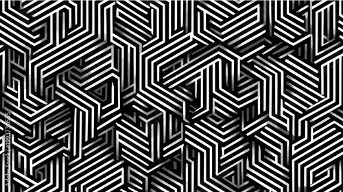 Abstract stripped pattern creating intricate three dimensional geometric shapes and optical illusion. Isometric black and white striped geometric pattern creating abstract maze
