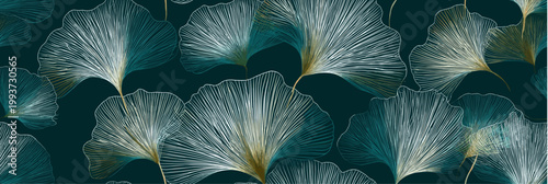 Abstract pattern featuring teal and white fan shapes with golden highlights on a dark teal background. Fan-shaped lines seamless pattern with golden accents