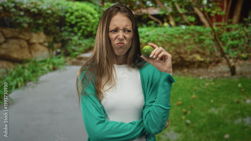 Photography Woman in green cardigan holding a lime up to her nose on a forest path with crossed arms and a disgusted expression; disgust aversion distaste