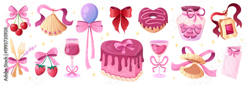 Coquette wedding cartoon set with heart shaped cake, golden locket pendant and glasses of drink. Pink birthday or valentine day love vector elements with whimsical ribbons for elegant invitation.