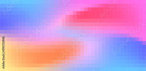 Pixel gradient background with vibrant pink, blue and yellow colors in abstract texture. Retro bitmap mosaic with geometric squares and digital patterns for gaming banners and modern designs.