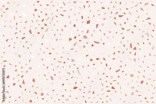 Terrazzo texture with irregular stone fragments on neutral beige background. Vector tile design with marble chips, pebble shapes and granite pieces in pink tones for wall, floor and kitchen decor.
