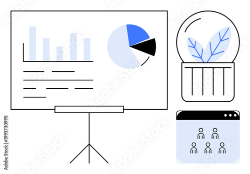 Data analysis, business growth, teamwork, remote collaboration, performance tracking, decision-making. Chart with graphs, plant in a glass dome and connected people icons. Data analysis and teamwork