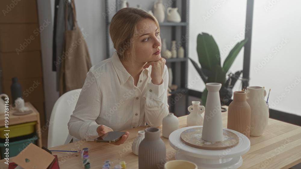 Fototapeta premium Woman artisan holds smartphone and rests chin on hand among ceramic vases and pottery tools on a wooden table in studio; quiet contemplation.