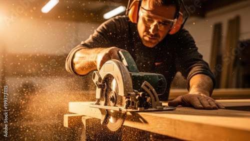 Carpenter precision cuts wood with circular saw