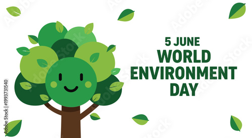 The tree character smiles brightly next to falling green leaves while celebrating the annual global occasion on the fifth of June to promote awareness for the natural world.